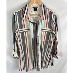 Multiples Stripe Lace Back embroidered Button Down Shirt Size Large